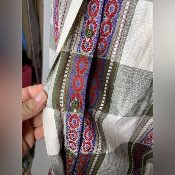Vintage 90s Button Down Shirt Large Green Ivory Check Embroidered Women's Medium - Picture 4 of 5